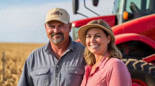 farmers working in a wheat field stand smiling happily in front of a red tractor in the background with a wheat field