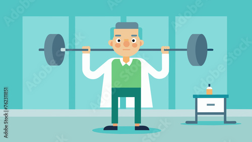 In the hospital gym a focused patient with a determined expression on their face lifting a weight bar with heavy plates loaded onto each end.