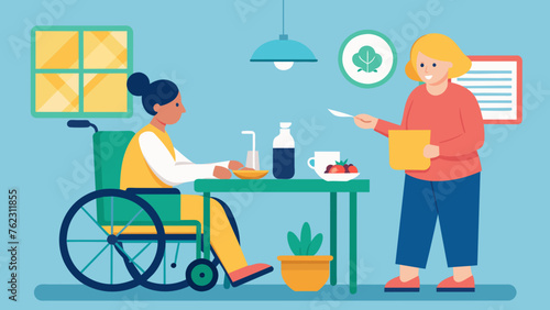 A wheelchairbound patient is practicing using adaptive utensils and tools in a dining room setting assisted by an occupational the.