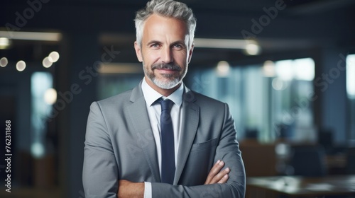 business man ceo wearing suit standing in office looking at camera . Smiling mature businessman professional