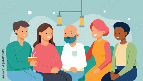 A small group of friends and family sit and chat quietly with a patient undergoing chemo providing warm company and support during the