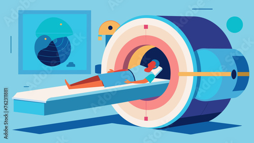 In another exam room a patient is positioned on a table that slowly moves in and out of a large doughnutshaped machine. As the machine rotates