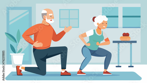 In the gym an elderly patient performs a series of squats and lunges with the support of a trainer working on leg strength and balance to