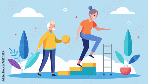 With the help of a the an elderly patient slowly navigates an obstacle course carefully stepping over objects and maintaining balance.