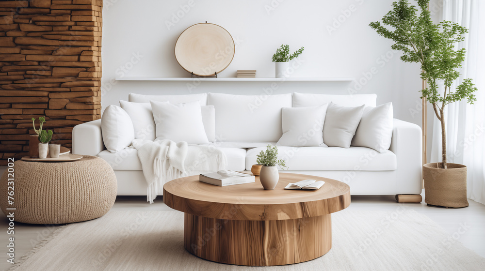 Fototapeta premium Minimalist and Spacious Living Room with White Sofa and Natural Wood Accents