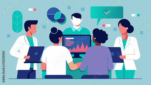 Several medical professionals gathered around a computer screen analyzing and discussing imaging scans to come up with a comprehensive
