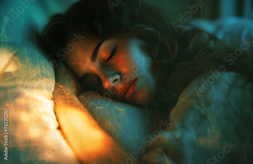 A Woman's Reverie: A Visually Evocative Scene on Bed, Bathed in Soft Teal and Gold Hues, Enveloped in Abstract Distances