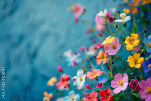 Colorful and beautiful flowers in minimalist copy space background  abstract flower wallpaper concept  Beautiful flowers with empty space for text  selective focus on elegant flowers with bokeh effect