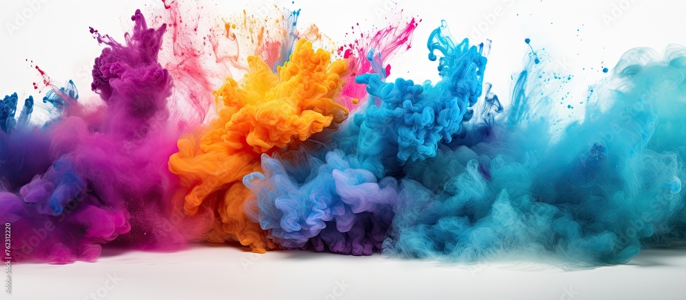 A vibrant display of purple, violet, magenta, and electric blue smoke swirls out of a container, creating a beautiful art piece on a white background