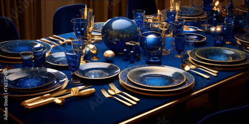 A table set with blue and gold plates, glasses, and silverware.