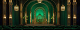 Art deco style theater auditorium with green velvet seats and gold accents