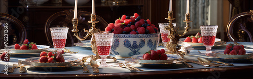 A lavishly set table with a centerpiece of fresh berries and ornate golden candle holders. photo