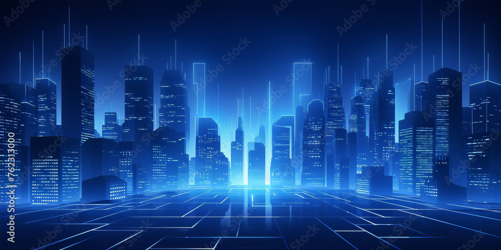 Obraz premium Cityscape of a digital city with skyscrapers and lights in blue colors.