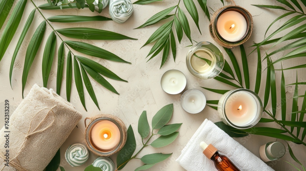 Top view, tranquil spa still life, candles, towels, green leaves, aromatherapy oils, Top view, tranquil spa still life, candles, towels, green leaves, aromatherapy oils,