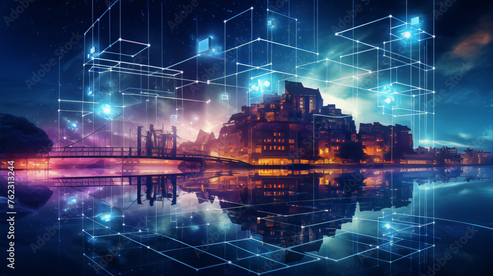 Fototapeta premium Cityscape with a river, bridge and glowing blue neural network, in the style of digital art.