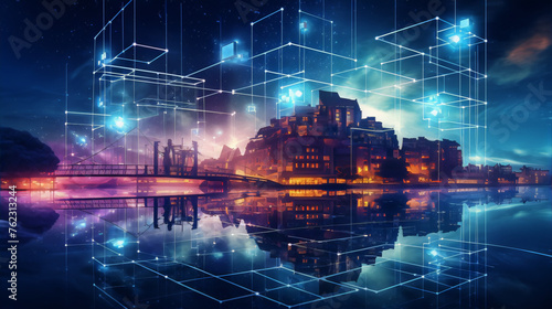 Cityscape with a river, bridge and glowing blue neural network, in the style of digital art.