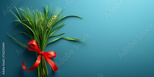 wheatgrass tied with a red ribbon on blue background, banner for invitation. Copy space for text. Nowruz Holiday. 21 march, the main symbol of Nowruz.