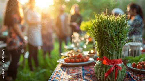 wheatgrass tied with a red ribbon stands on the table in garden with traditional food, people stands on the background and celebrate Nowruz. 21 march, the main symbol of Nowruz. Banner for holiday.  photo