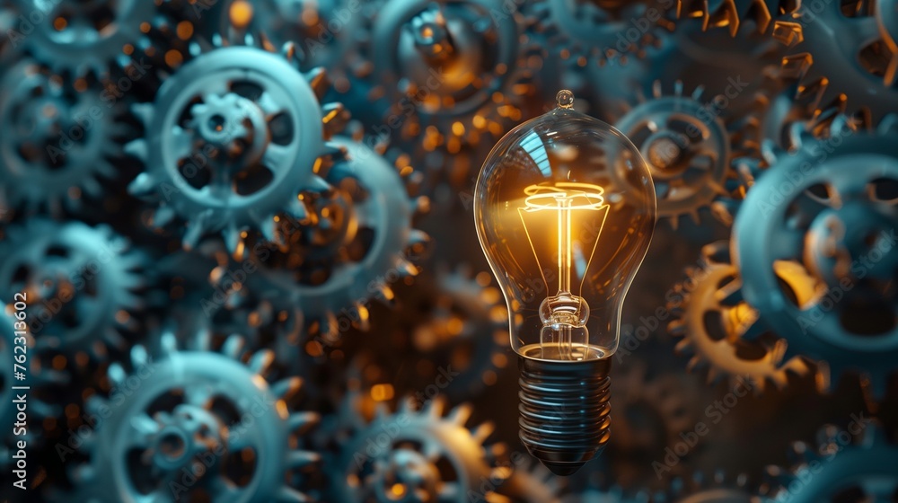 Conceptual image of a lightbulb with gears and cogs inside. Innovation, creativity, and problem-solving concept Conceptual image of a lightbulb with gears and cogs inside. Innovation, creativity, and problem-solving concept