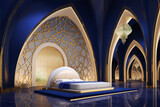 Luxury bedroom interior with blue and gold accents in 3D rendering.