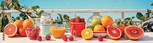 Retro still life of citrus fruits and strawberries in the Mediterranean