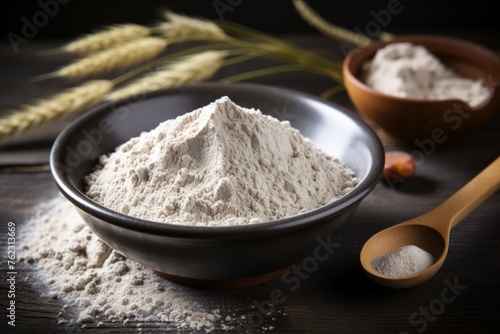 Buckwheat flour bowl on modern kitchen table inspiring healthy gluten free recipes photo