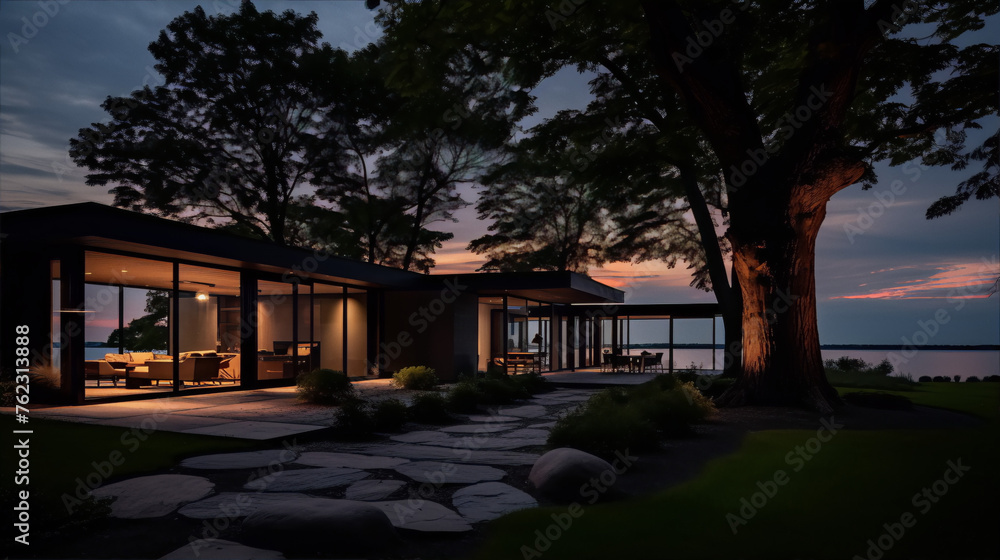 Modern house exterior with large windows at sunset in 3d rendering Modern house exterior with large windows at sunset in 3d rendering