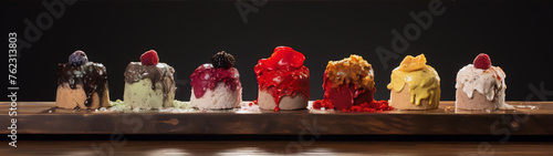 Colorful variety of cupcakes with different toppings on a wooden table against a dark background.