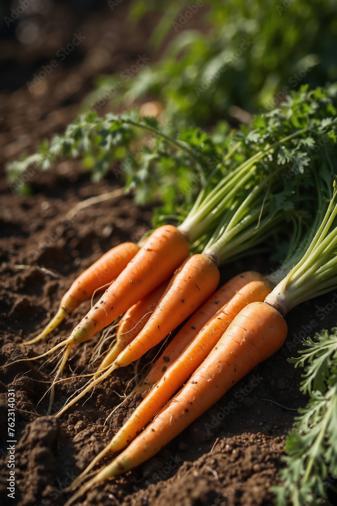 Biologische Karotten im Morgenlicht frisch vom Acker gezogen , (Daucus carota subsp. sativus) Biologische Karotten im Morgenlicht frisch vom Acker gezogen , (Daucus carota subsp. sativus)