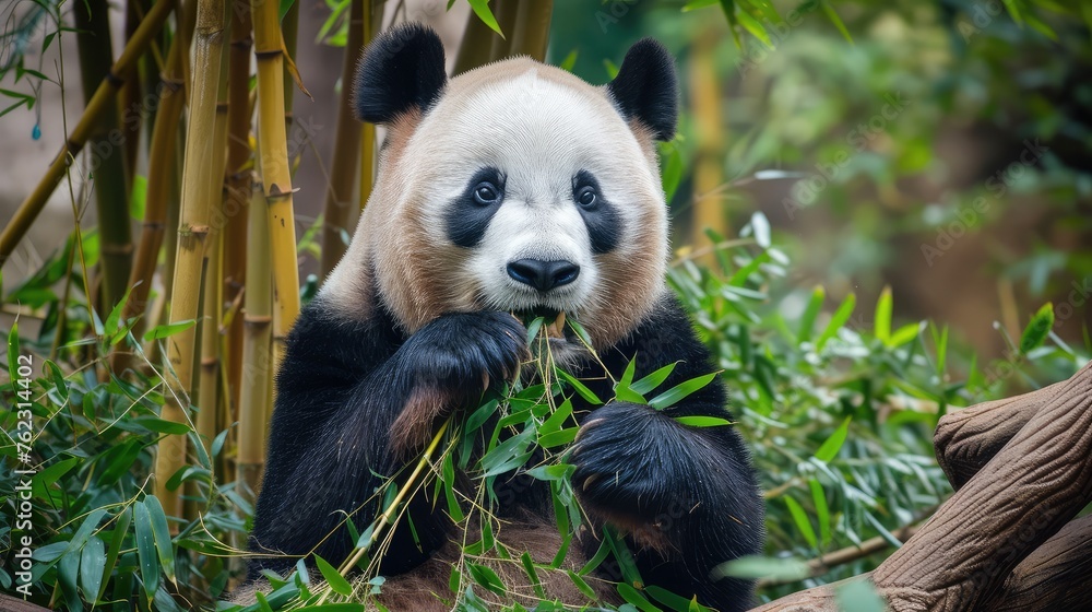 Obraz premium Giant Panda Enjoying a Bamboo Meal in Nature