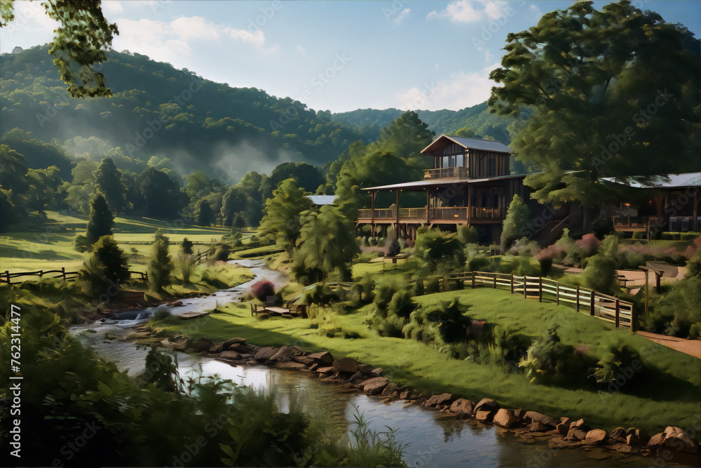 Tranquil mountain valley landscape with a river flowing through a lush green meadow