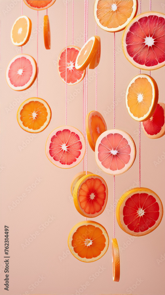 Still life of various citrus fruits hanging on strings against a pink background Still life of various citrus fruits hanging on strings against a pink background