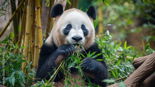 Giant Panda Enjoying a Bamboo Meal in Nature
