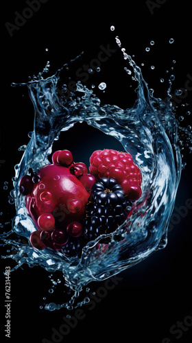 Blackberries, blueberries and raspberries with water splash on black background