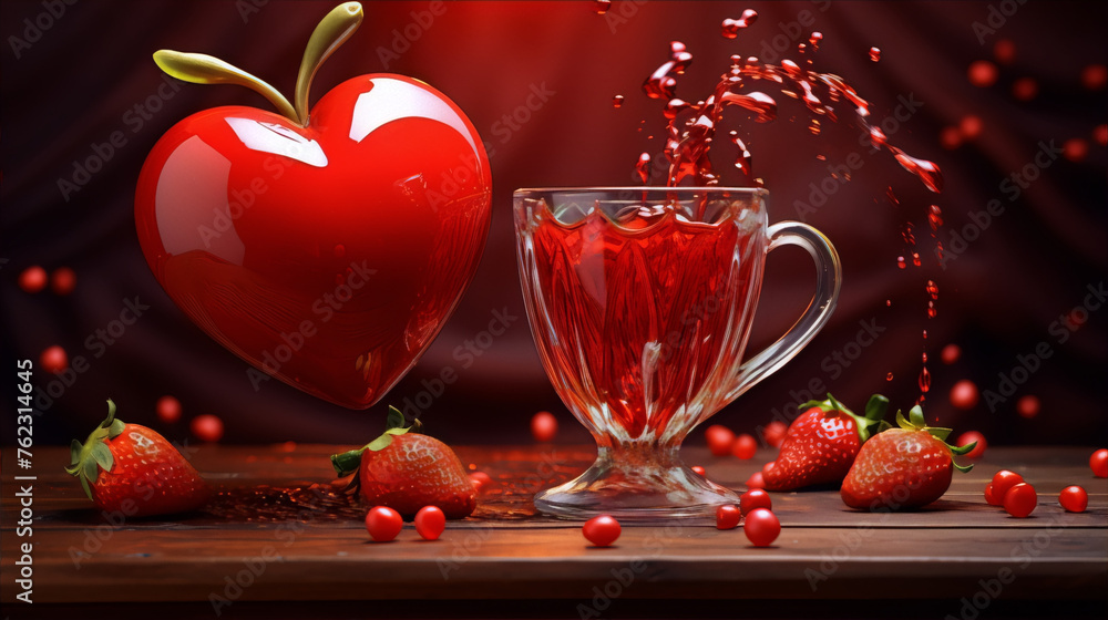 Red heart and strawberries with red juice in glass on wooden table, 3d illustration Red heart and strawberries with red juice in glass on wooden table, 3d illustration
