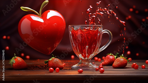 Red heart and strawberries with red juice in glass on wooden table, 3d illustration