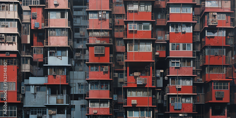 Densely packed colorful building facades with a red accent in an urban setting, with a retro-futuristic style and a hint of cyberpunk. Densely packed colorful building facades with a red accent in an urban setting, with a retro-futuristic style and a hint of cyberpunk.