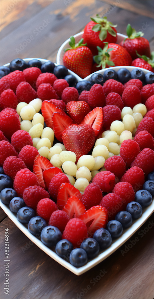 A heart-shaped plate of red, white, and blue fruit. A heart-shaped plate of red, white, and blue fruit.