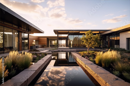 Modern house with pool and reflection in water at sunset in 3d rendering