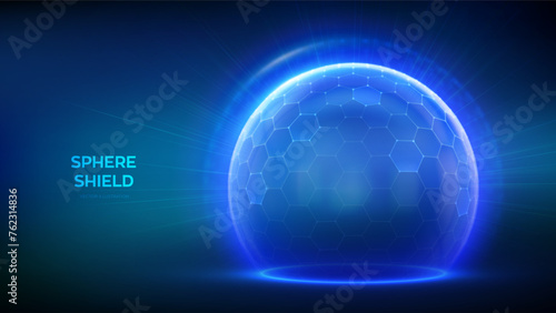 Protection sphere shield with hexagon pattern on blue background. Glass Dome shield. Glowing bubble shield in the form of a force energy field. Protection and safety concept. Vector illustration.