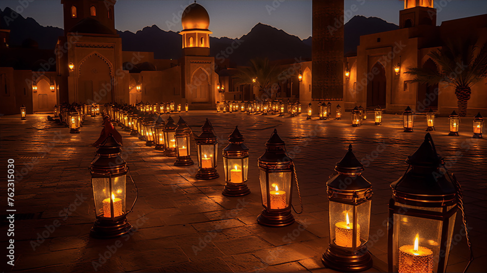 Lanterns illuminate a courtyard at dusk in a middle eastern city