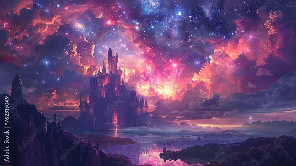 Fantasy celestial castle vibrant on moons surface panoramic view meteor shower light - obrazy, fototapety, plakaty 