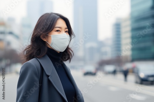 Young Woman Wearing Protective Mask on City Street. A young Asian woman in professional attire wearing a protective face mask while standing on an urban street with blurred city background.