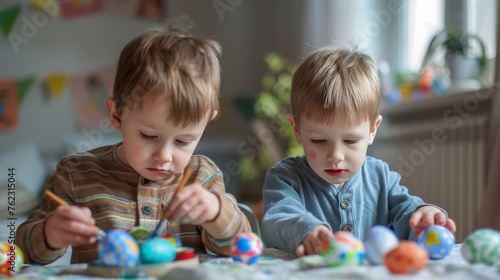 Two little boys painting easter eggs, Easter traditional activity