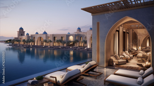 3d render of a luxury resort with Arabic architecture and blue accents