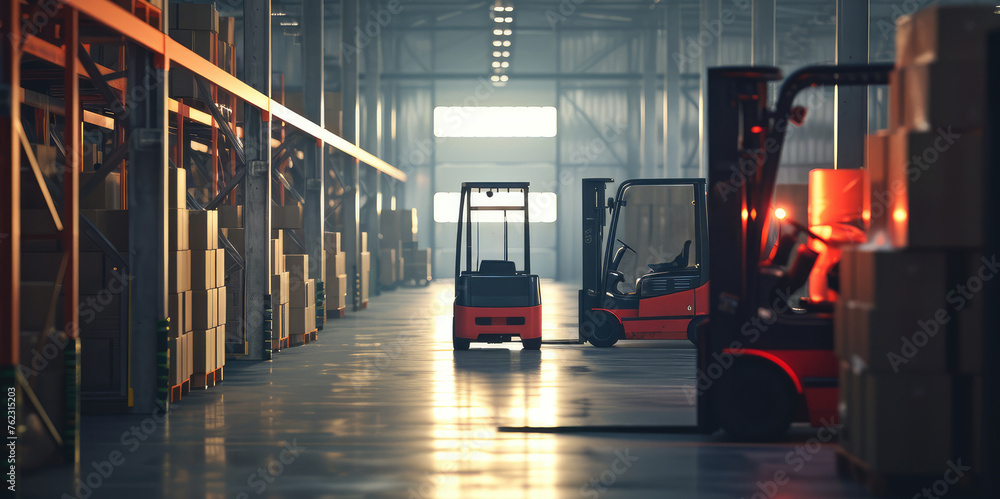 Forklifts in Action Inside Modern Warehouse Facility