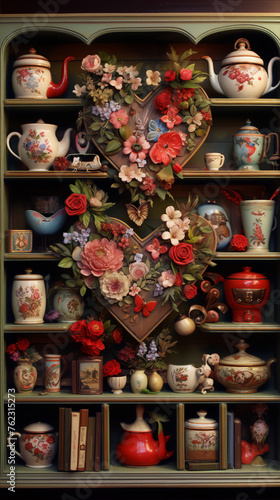 Still life of a green cabinet with red and pink flowers, books, vases, and teapots.