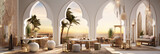 Luxury modern arabic style living room interior with sunset beach view