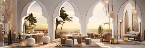 Luxury modern arabic style living room interior with sunset beach view