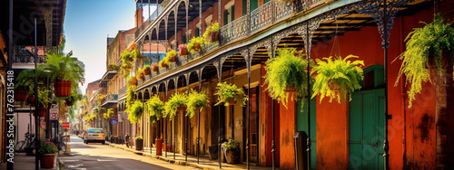 Colorful New Orleans architecture in the French Quarter with hanging plants and iron railings photo